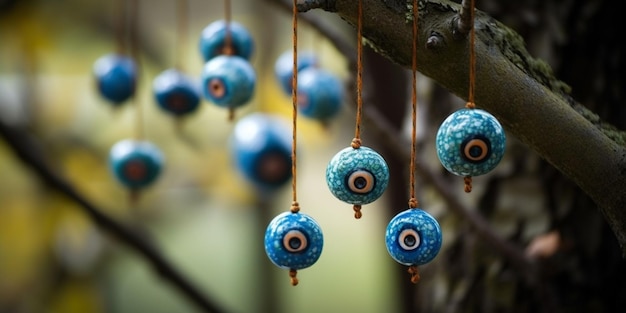 Evil eye beads hanging on a tree branch