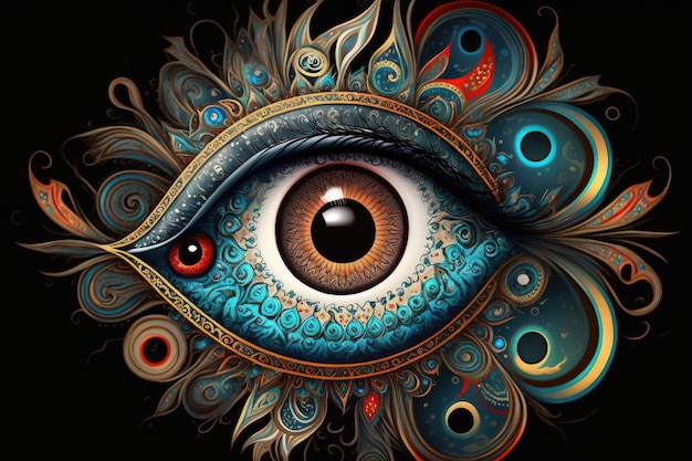 Evil eye surrounded by circle of intricate patterns and colors