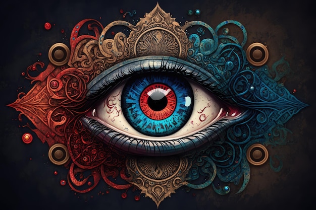 Evil eye surrounded by mix of colors including red and blue