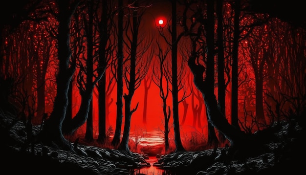 Evil forest red lighting dark.