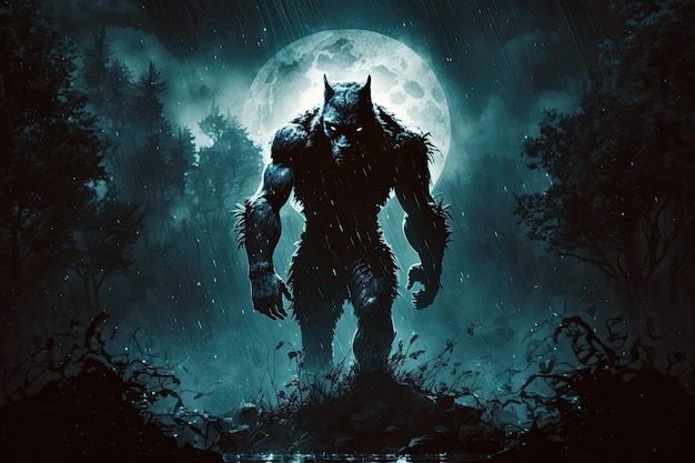 Evil scary werewolf monster at night in forest on a full moon Generative AI illustration