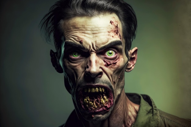 Evil terrible face of guy standing zombie with blood and rotten teeth