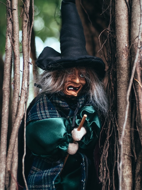 Evil witch on nature dark background, closeup portrait of old lady with terrifying makeup, Halloween background