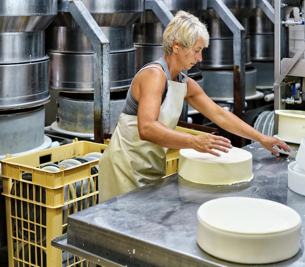 Evillers, France - August 31, 2016: Cheese-maker putting young Gruyere de Comte Cheese in the forms in the dairy in Franche Comte, Burgundy, France.