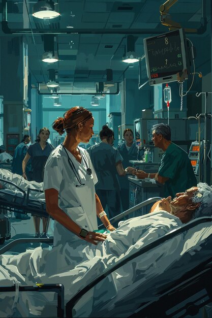 Photo an evocative digital artwork of a nurse tending to patients in a busy hospital