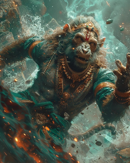 An evocative digital artwork showcasing the battle between Hanuman and the demons of Lanka