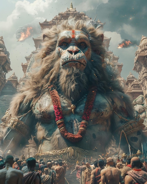 An evocative digital artwork showcasing the battle between Hanuman and the demons of Lanka