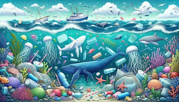 An evocative illustration captures the striking contrast of vibrant sea creatures amidst underwater pollution the ocean floor dotted with garbage