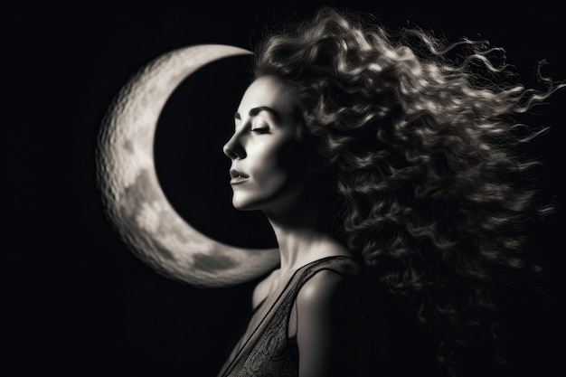 Evocative portrait of a woman with a moon in her back symbolizing the cyclical nature of life