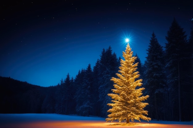 Evoke the enchantment of the holidays with a Christmas tree in a snowy forest night providing copy space AI Generated