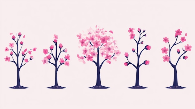 Photo evolution of a cherry blossom tree minimalist 2d icons depicting seed to bloom