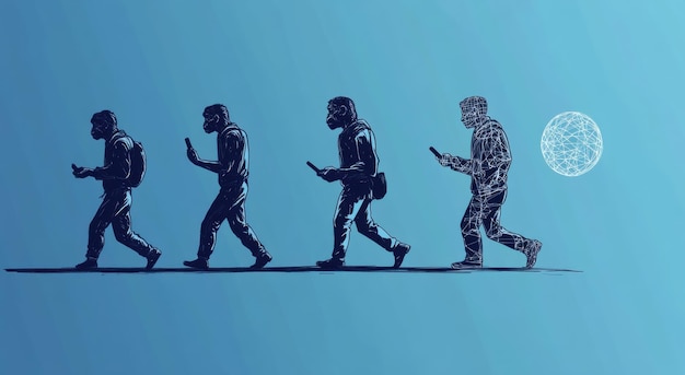 Photo evolution of humans through technology depicted in a cartoon with anthropoids evolving to modern smartphone users