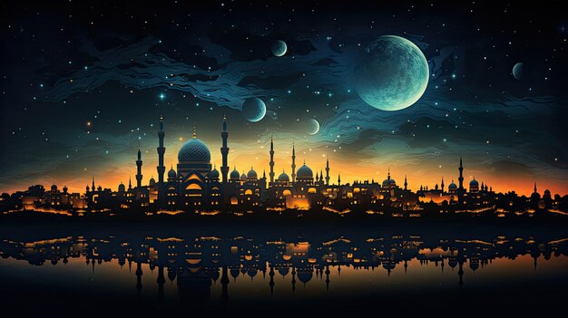 The evolved night skyline of a city during Ramadan