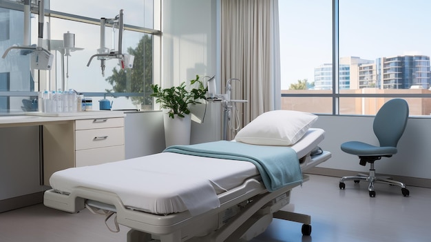 An examination room in a medical office with a bed equipment and charts