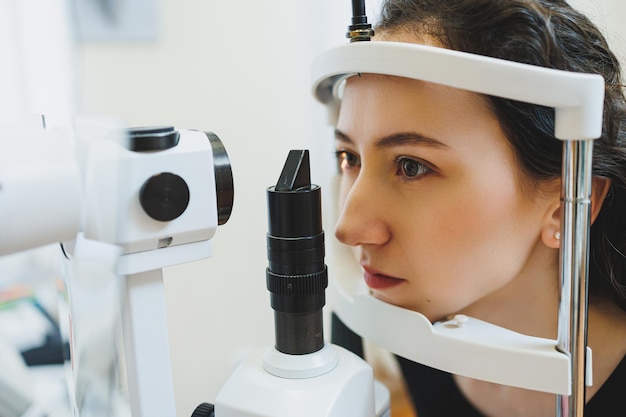 Examination of vision on modern ophthalmological equipment Eye examination of a woman at an ophthalmologist's appointment using microscopes Vision treatment at an ophthalmologist appointment