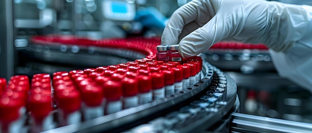 Examining Medical Vials on a Modern Pharmaceutical Factory Assembly Line A CloseUp View Concept Medical Industry Pharmaceutical Manufacturing Assembly Line Quality Control CloseUp Photography