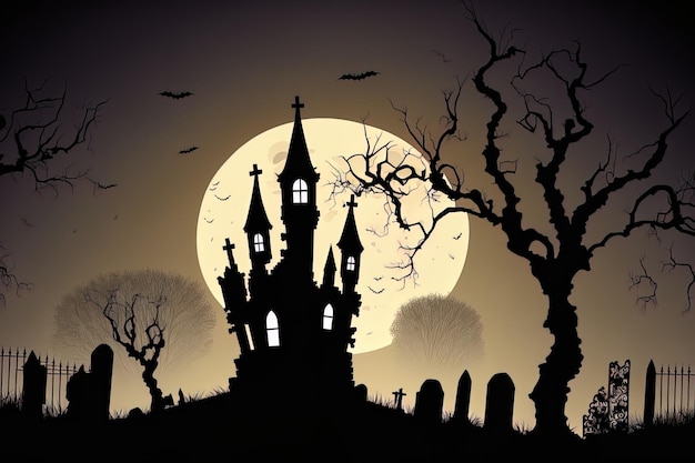 An example of a Halloween idea a castle and cemetery as a backdrop for a scary scene