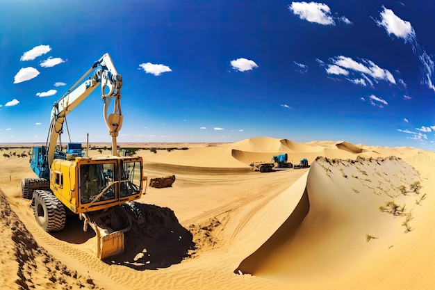 Excavation site with view of rolling sand dunes and clear blue sky