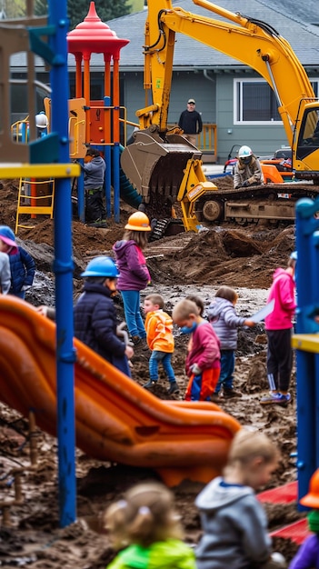 Photo excavator in action during playground construction