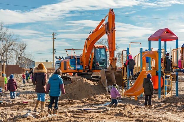 Photo excavator in action during playground construction