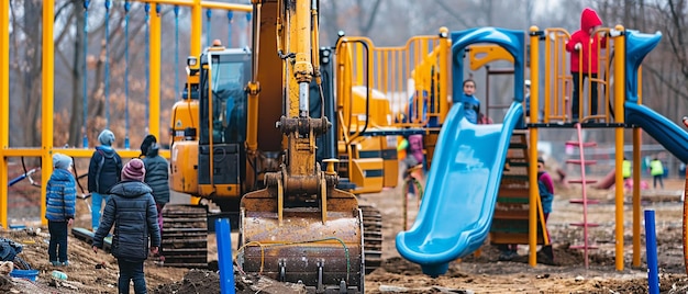 Photo excavator in action during playground construction