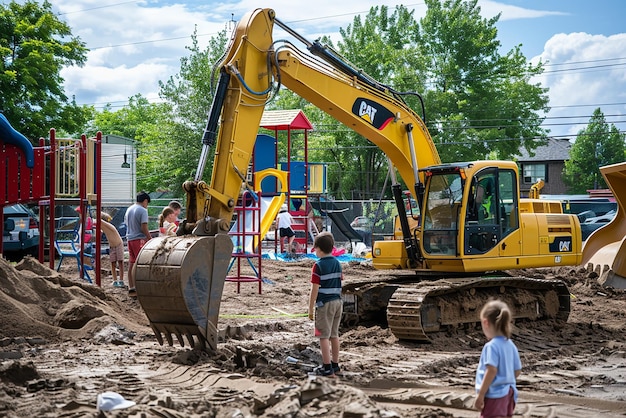 Photo excavator in action during playground construction