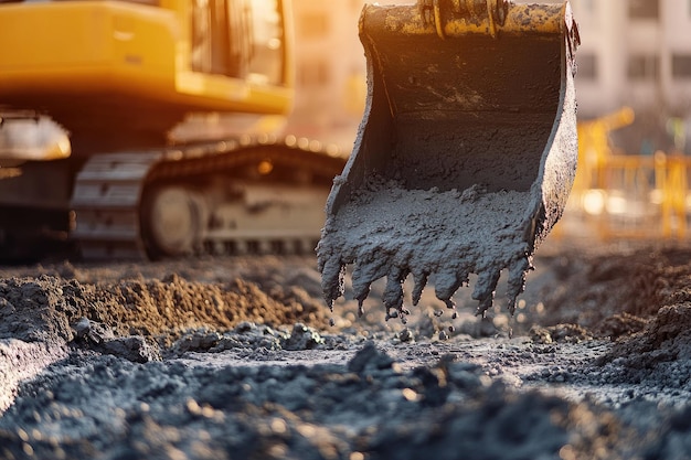 Excavator bucket filled with wet concrete to pour house foundation on building site