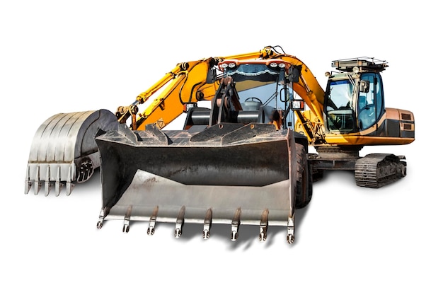 Excavator and bulldozer loader closeup on a white isolated backgroundConstruction equipment for earthworks element for design