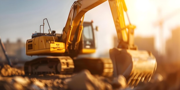 Photo an excavator in a city construction site working during a sunny evening concept construction industry heavy machinery urban development sunset photography