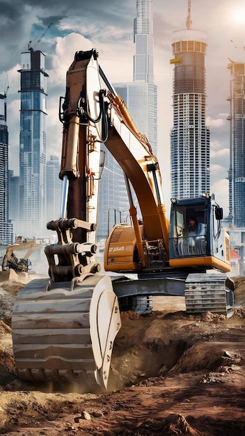 Excavator at a construction site against the background of a tower crae