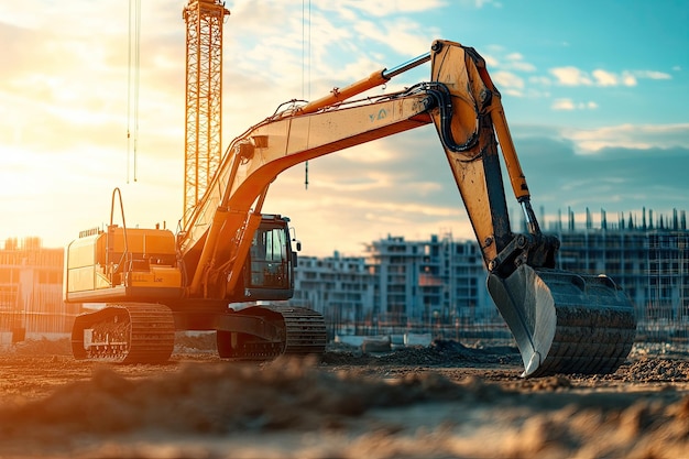 Photo excavator at a construction site against the background of a tower crane