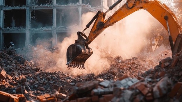 Photo excavator demolishing building chaos of flying debris