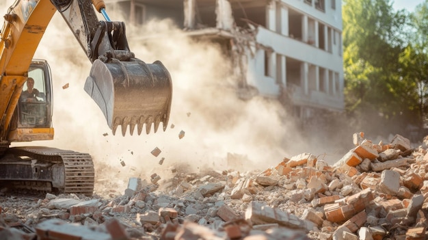 Photo excavator demolishing building chaos of flying debris