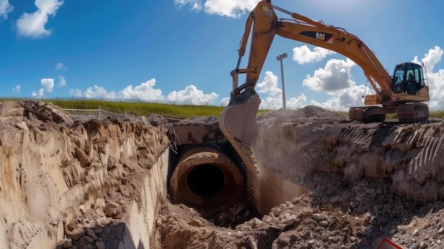 Photo excavator digging a trench for a large pipe