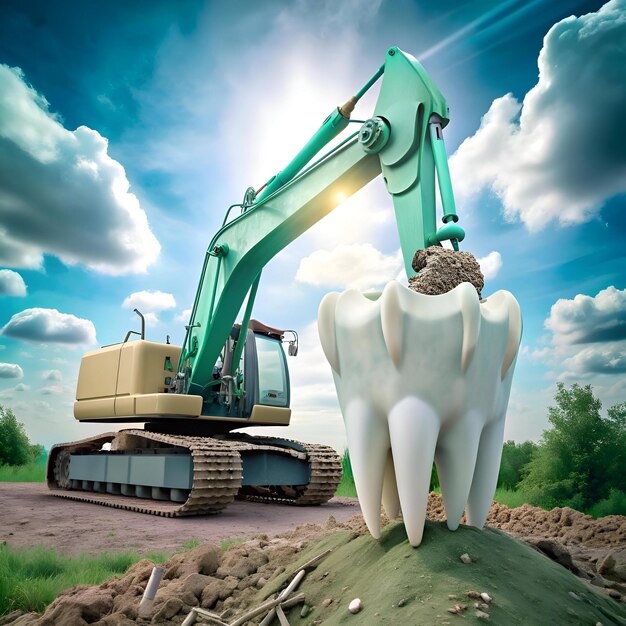 Excavator digs into a giant tooth creating a humorous and unexpected image for construction dental or health related projects