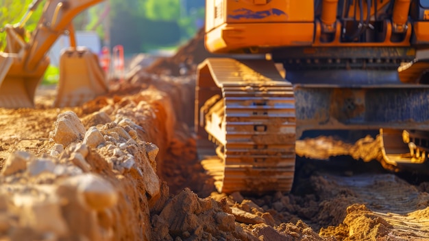 Photo excavator earthmoving project showing tracks and soil in a detailed closeup at a construction site