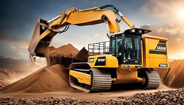 Excavator loading dumper truck tipper in sandpit gravel