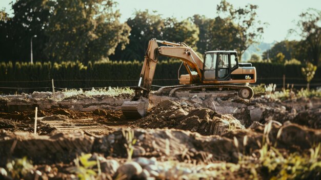 An excavator operates on a large construction site breaking ground with its arm and bucket under a clear sky surrounded by trees