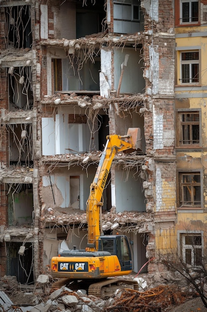 Photo excavator professional demolition of an apartment building in the city by a demolition company