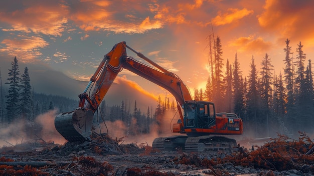 Excavator at Sunrise in Forest Clearing