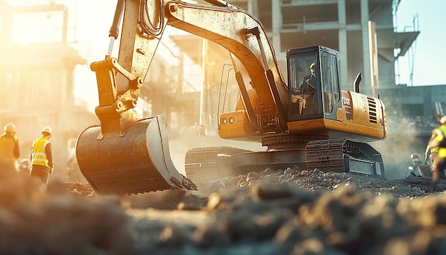 Photo excavator at work on construction site moving earth