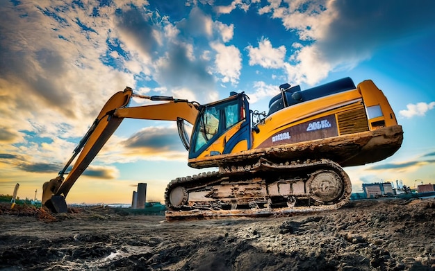 Photo excavator working on dirt terrain