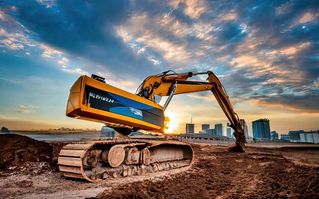 Photo excavator working on dirt terrain