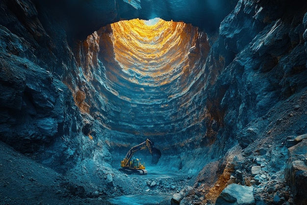 Photo excavator working in a large deep and dark mine shaft the machine is in the foreground and the shaft is in the background the light from the opening at the top of the shaft illuminates the scene