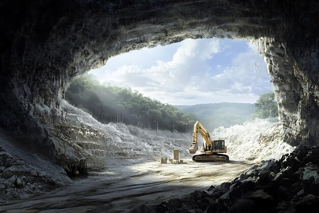 Photo excavator working in a quarry with a view of a forest through a cave entrance