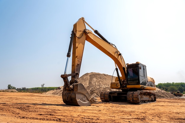 Excavator working at sandpit sand industry construction site