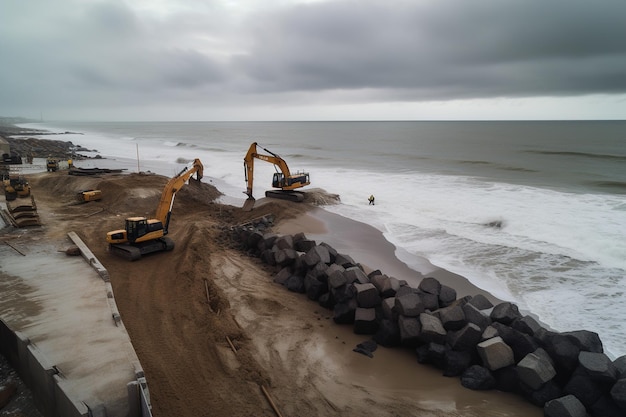 Excavators are building a seawall from concrete blocks to protect the coastal generative ai