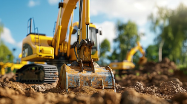 Photo excavators operate on a construction site digging into the earth under clear skies amidst greenery showcasing industrial activity in a serene environment