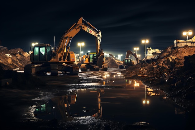 Excavators working in the coal mine at night 3D rendering