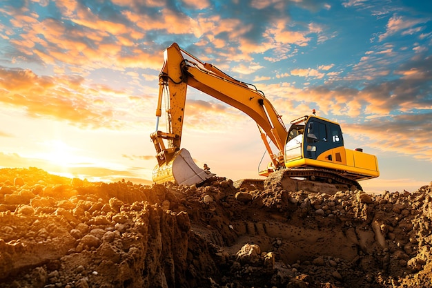 Photo excavators working on a construction site at sunset